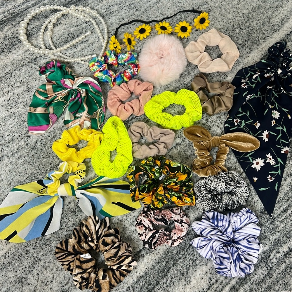 Several scrunchies (18 count) and a few headbands